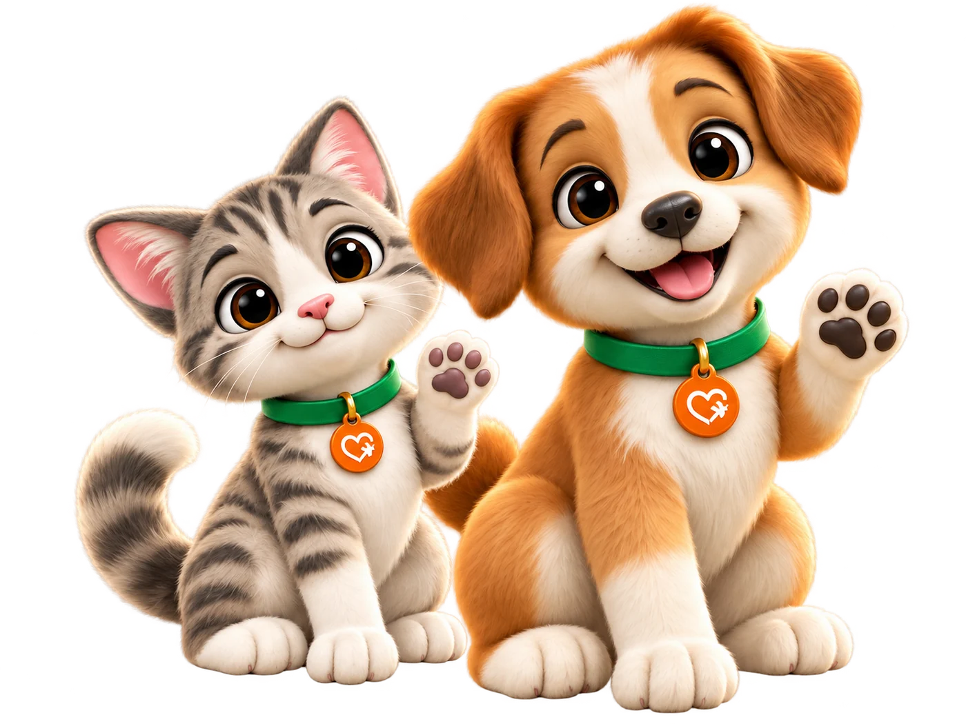 Mascotes da Mundo Animal: um gatinho rajado e um filhote caramelo, de coleira verde, acenando juntos