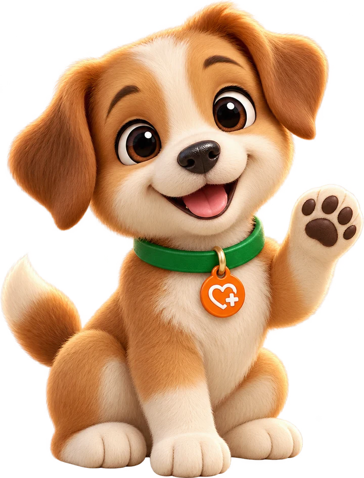Mascote ilustrativo da Mundo Animal: filhote caramelo e branco de coleira verde, acenando