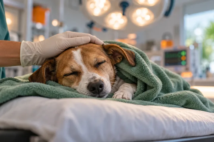 Cachorro descansando sob uma manta verde após o procedimento, cena ilustrativa