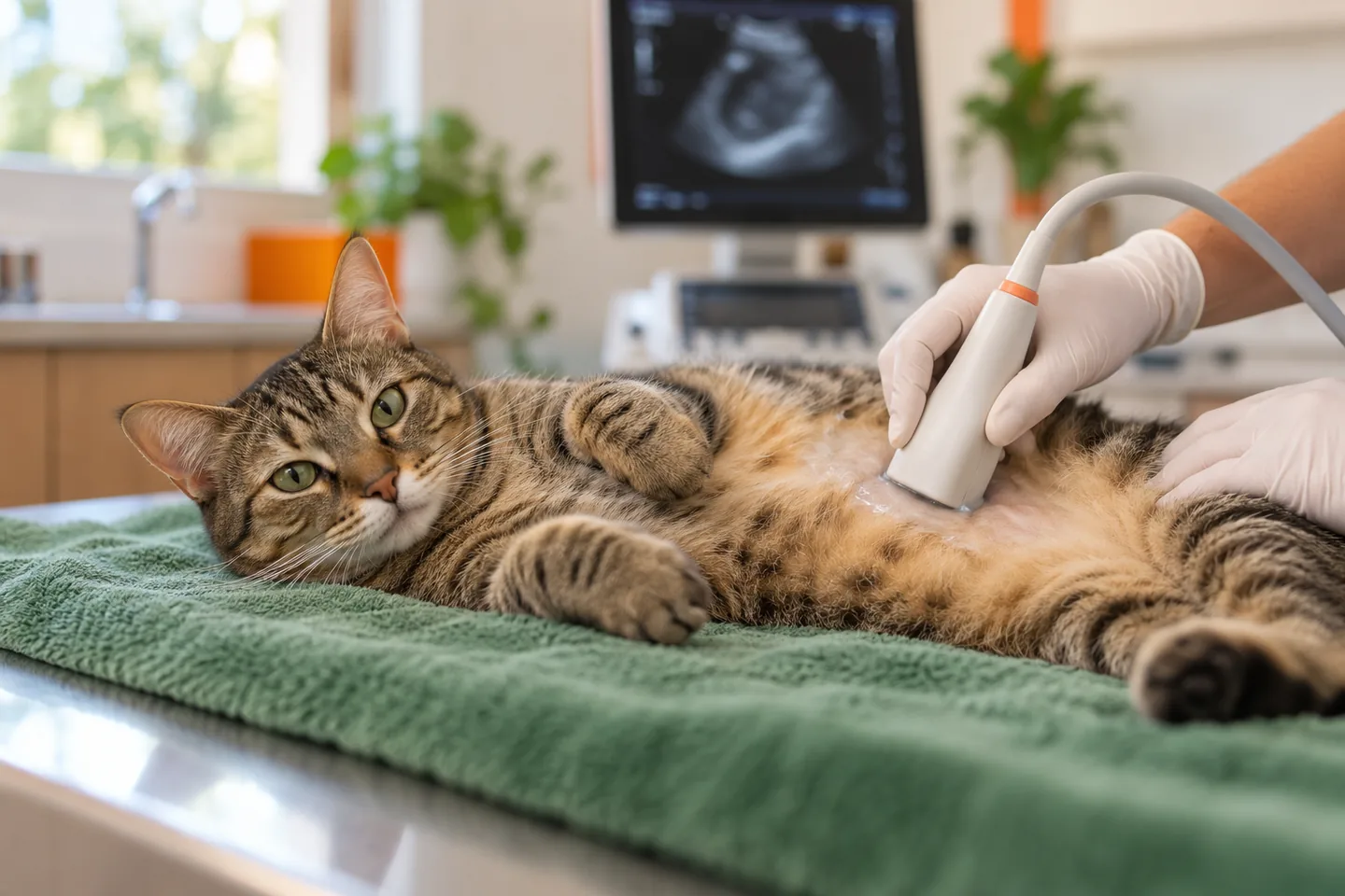 Gato em exame de ultrassom, cena ilustrativa