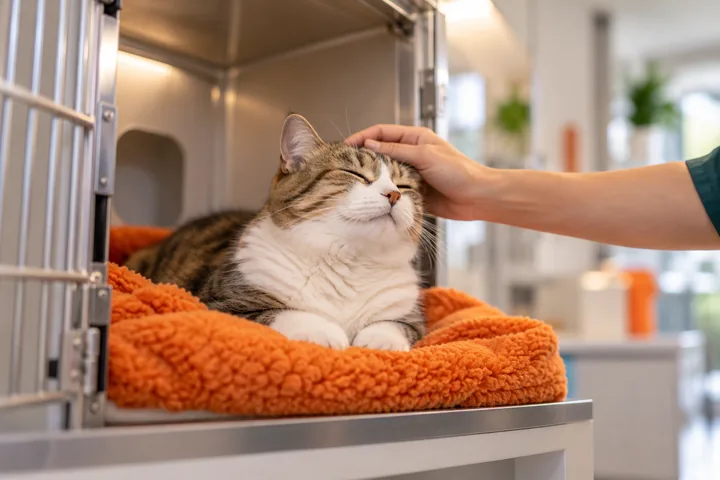 Gato recebendo carinho no espaço de internamento, cena ilustrativa