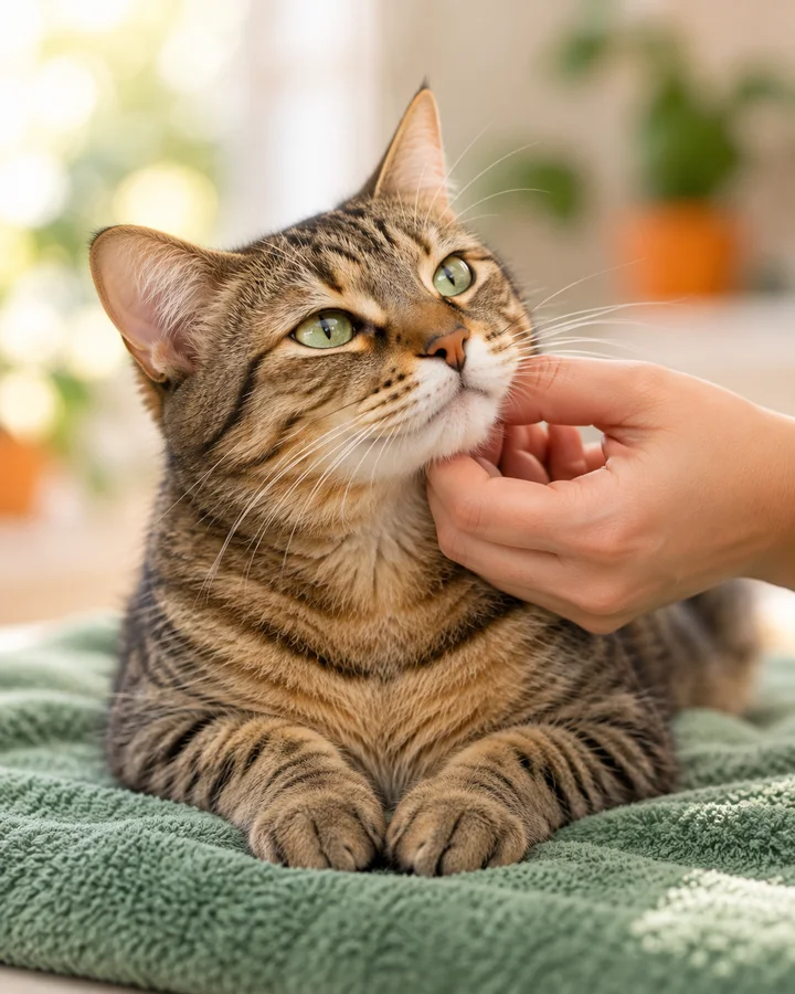 Gato tigrado recebendo carinho sob o queixo, cena ilustrativa