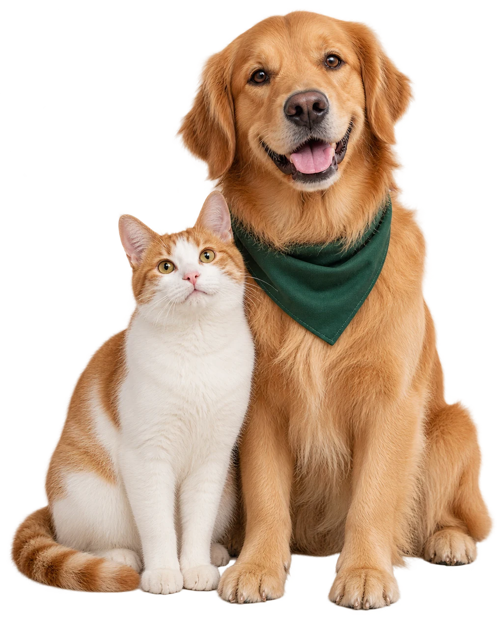 Um cão dourado de bandana verde e um gato sentados lado a lado, foto ilustrativa